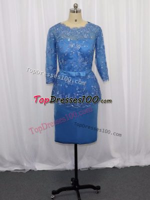 Mini Length Zipper Prom Evening Gown Blue for Prom and Party and Military Ball and Beach with Lace and Appliques