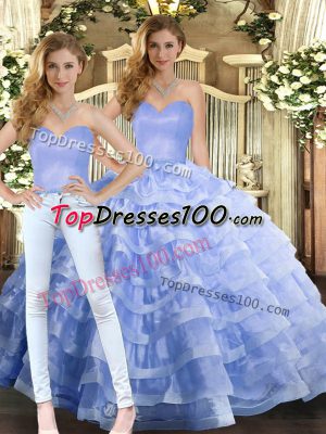Glittering Lavender Ball Gown Prom Dress Military Ball and Sweet 16 and Quinceanera with Ruffled Layers Sweetheart Sleeveless Lace Up