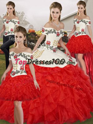 Chic Embroidery and Ruffles Sweet 16 Dress White And Red Lace Up Sleeveless Floor Length