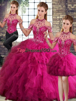 Beauteous Halter Top Sleeveless Sweet 16 Dress Floor Length Beading and Ruffles Fuchsia Tulle