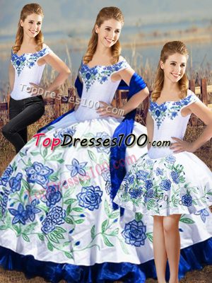 Satin Off The Shoulder Sleeveless Lace Up Embroidery and Ruffles Quinceanera Gowns in Blue And White