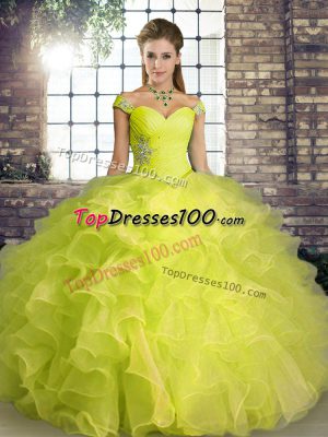 Custom Made Off The Shoulder Sleeveless Lace Up Sweet 16 Quinceanera Dress Yellow Green Organza