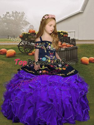 Lovely Purple Ball Gowns Organza Straps Sleeveless Embroidery and Ruffles Floor Length Lace Up Girls Pageant Dresses
