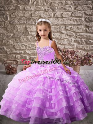 Lavender Ball Gowns Beading and Ruffled Layers Kids Formal Wear Lace Up Organza Sleeveless