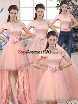 Floor Length Pink Vestidos de Quinceanera Off The Shoulder Short Sleeves Lace Up