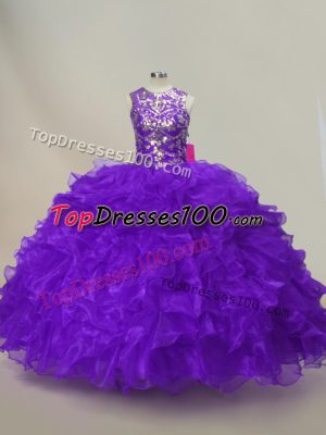 Scoop Sleeveless 15th Birthday Dress Floor Length Ruffles and Sequins Purple Organza