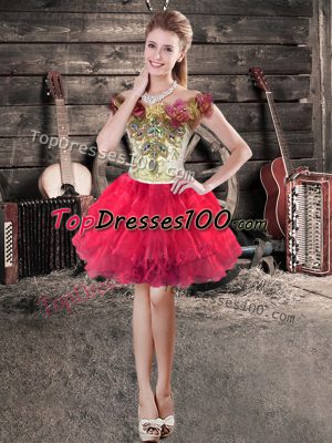 Luxurious Red Sleeveless Floor Length Hand Made Flower Lace Up Celebrity Dresses