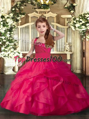 Organza Straps Sleeveless Lace Up Ruffles and Ruching Girls Pageant Dresses in Coral Red