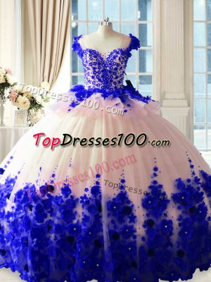 Scoop Sleeveless Quinceanera Gowns Brush Train Hand Made Flower Blue And White Satin and Organza