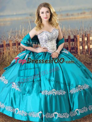 Aqua Blue Sweetheart Neckline Beading and Embroidery Ball Gown Prom Dress Sleeveless Lace Up