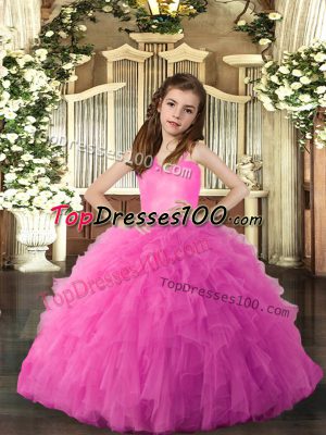 Trendy Hot Pink Straps Neckline Ruffles Girls Pageant Dresses Sleeveless Lace Up