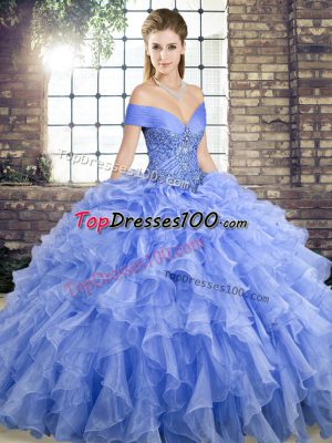 Best Selling Organza Sleeveless Quince Ball Gowns Brush Train and Beading and Ruffles