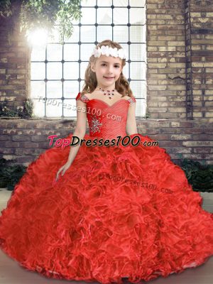 Custom Designed Red Organza and Fabric With Rolling Flowers Lace Up Pageant Dress Womens Sleeveless Floor Length Beading