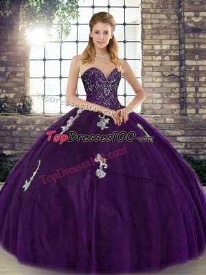 Purple Sweetheart Neckline Beading and Appliques Ball Gown Prom Dress Sleeveless Lace Up