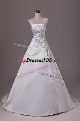 Admirable Taffeta Strapless Sleeveless Brush Train Lace Up Embroidery Wedding Dresses in White
