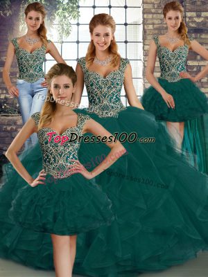 Sumptuous Floor Length Peacock Green Ball Gown Prom Dress Straps Sleeveless Lace Up