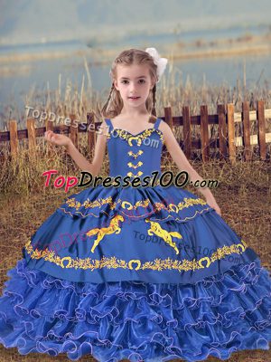 Blue Ball Gowns Beading and Embroidery and Ruffled Layers Pageant Dress Womens Lace Up Organza Sleeveless Floor Length
