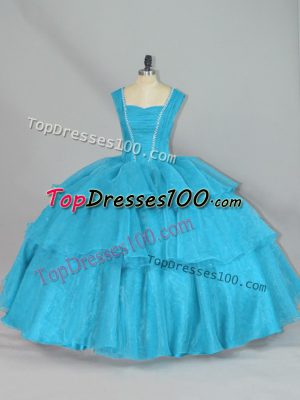 Fashionable Aqua Blue Ball Gowns Straps Sleeveless Organza Floor Length Lace Up Beading and Ruffled Layers 15th Birthday Dress