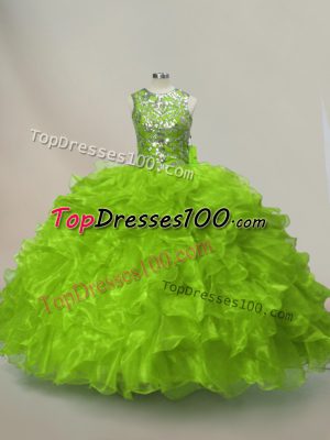 Popular Organza Scoop Sleeveless Lace Up Ruffles and Sequins Vestidos de Quinceanera in Green