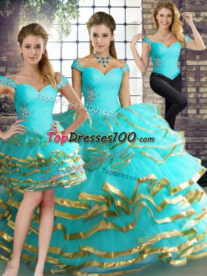 Custom Made Off The Shoulder Sleeveless Tulle Quinceanera Dresses Beading and Ruffled Layers Lace Up