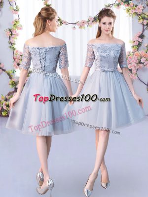 Clearance Grey Lace Up Quinceanera Court of Honor Dress Lace and Belt Short Sleeves Knee Length