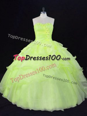 Yellow Green Sleeveless Ruffles and Hand Made Flower Floor Length Sweet 16 Dresses