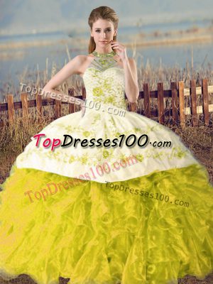 On Sale Yellow Green and Yellow Organza Lace Up Halter Top Sleeveless Sweet 16 Dresses Court Train Embroidery and Ruffles