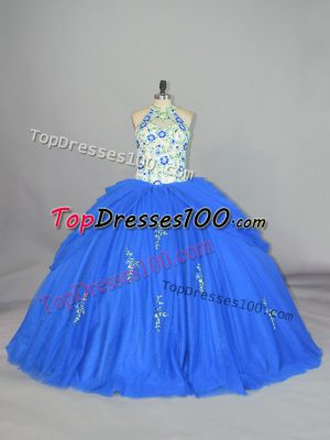 Blue Ball Gowns Strapless Sleeveless Tulle Floor Length Lace Up Appliques and Embroidery Vestidos de Quinceanera