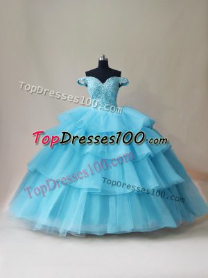 Flirting Aqua Blue Off The Shoulder Lace Up Beading and Ruffled Layers 15th Birthday Dress Sleeveless