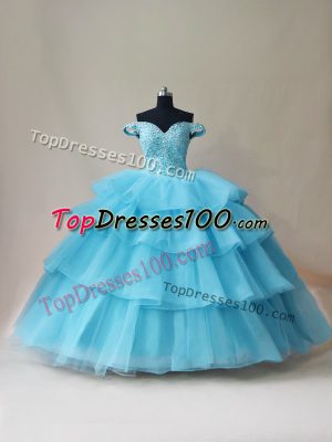 Flirting Aqua Blue Off The Shoulder Lace Up Beading and Ruffled Layers 15th Birthday Dress Sleeveless