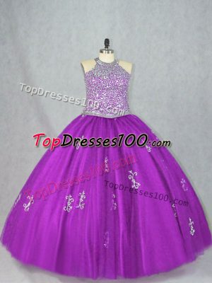 New Arrival Purple Ball Gowns Tulle Halter Top Sleeveless Beading and Appliques Floor Length Lace Up Quinceanera Gowns