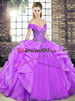Luxury Lavender Sleeveless Floor Length Beading and Ruffles Lace Up 15th Birthday Dress
