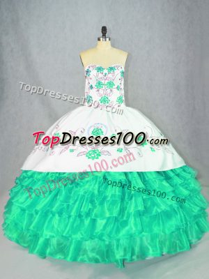 Modern Turquoise Sleeveless Embroidery and Ruffled Layers Floor Length Sweet 16 Dress