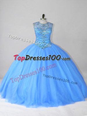 Beading Quinceanera Dress Blue Lace Up Sleeveless Floor Length