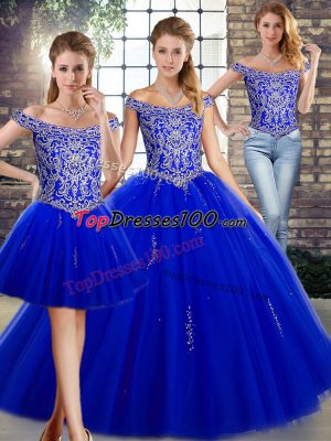 Attractive Royal Blue Off The Shoulder Neckline Beading Quinceanera Gown Sleeveless Lace Up
