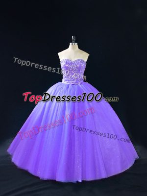 Beautiful Lavender Tulle Lace Up Sweetheart Sleeveless Floor Length Sweet 16 Dresses Beading