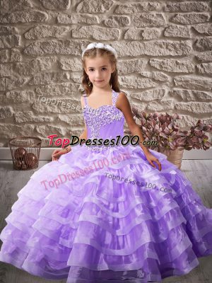 Lavender Organza Lace Up Pageant Gowns For Girls Sleeveless Brush Train Beading and Ruffled Layers