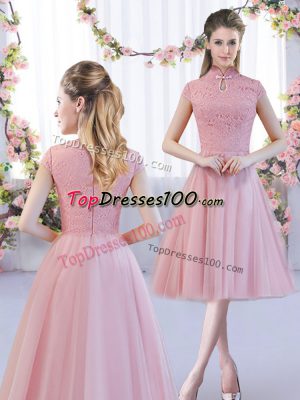 Shining Pink A-line Tulle High-neck Cap Sleeves Lace Tea Length Zipper Quinceanera Dama Dress
