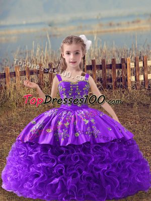 Nice Sleeveless Embroidery Lace Up Little Girls Pageant Gowns with Lavender Sweep Train