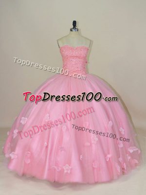 Glorious Tulle Sweetheart Sleeveless Lace Up Beading and Hand Made Flower Quince Ball Gowns in Baby Pink