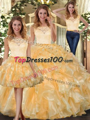 Superior Organza Scoop Sleeveless Clasp Handle Lace and Ruffles Sweet 16 Dress in Gold