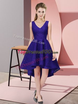 Elegant High Low Purple Court Dresses for Sweet 16 Lace Sleeveless Lace
