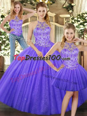 Three Pieces Sweet 16 Dress Lavender Halter Top Tulle Sleeveless Floor Length Lace Up