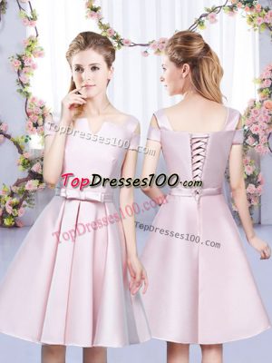 Vintage Baby Pink Satin Lace Up Wedding Guest Dresses Sleeveless Mini Length Bowknot