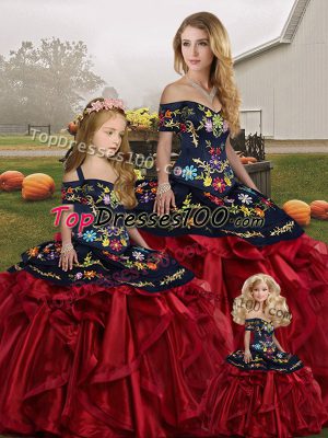 Best Red And Black 15th Birthday Dress Military Ball and Sweet 16 and Quinceanera with Embroidery and Ruffles Off The Shoulder Sleeveless Lace Up