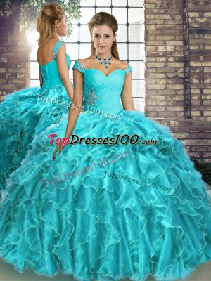 Super Sleeveless Beading and Ruffles Lace Up 15th Birthday Dress with Aqua Blue Brush Train