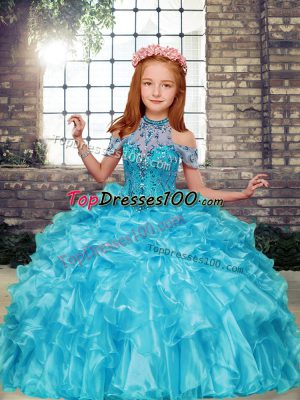 Floor Length Lace Up Little Girls Pageant Dress Aqua Blue for Party and Military Ball and Wedding Party with Beading and Ruffles