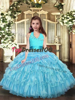 High End Ball Gowns Pageant Gowns For Girls Aqua Blue Halter Top Organza Sleeveless Floor Length Lace Up