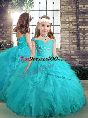 Aqua Blue Tulle Lace Up Straps Sleeveless Floor Length Pageant Dresses Beading and Ruffles