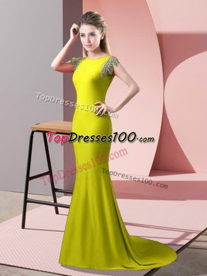Sweet Yellow Green Elastic Woven Satin Backless High-neck Short Sleeves Evening Gowns Brush Train Beading